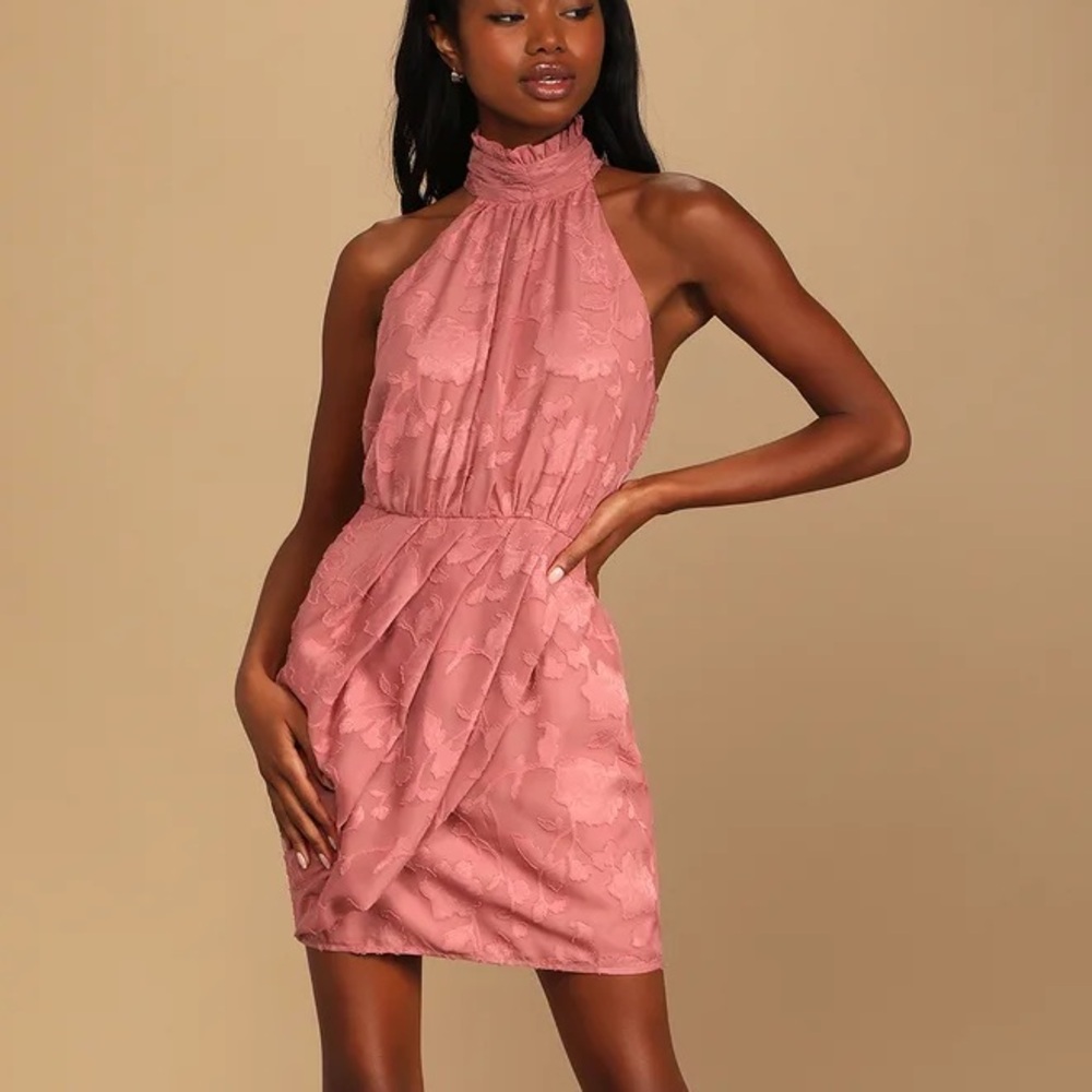 Lulu's Chic Demeanor Rusty Rose Floral Jacquard Halter Mini Dress